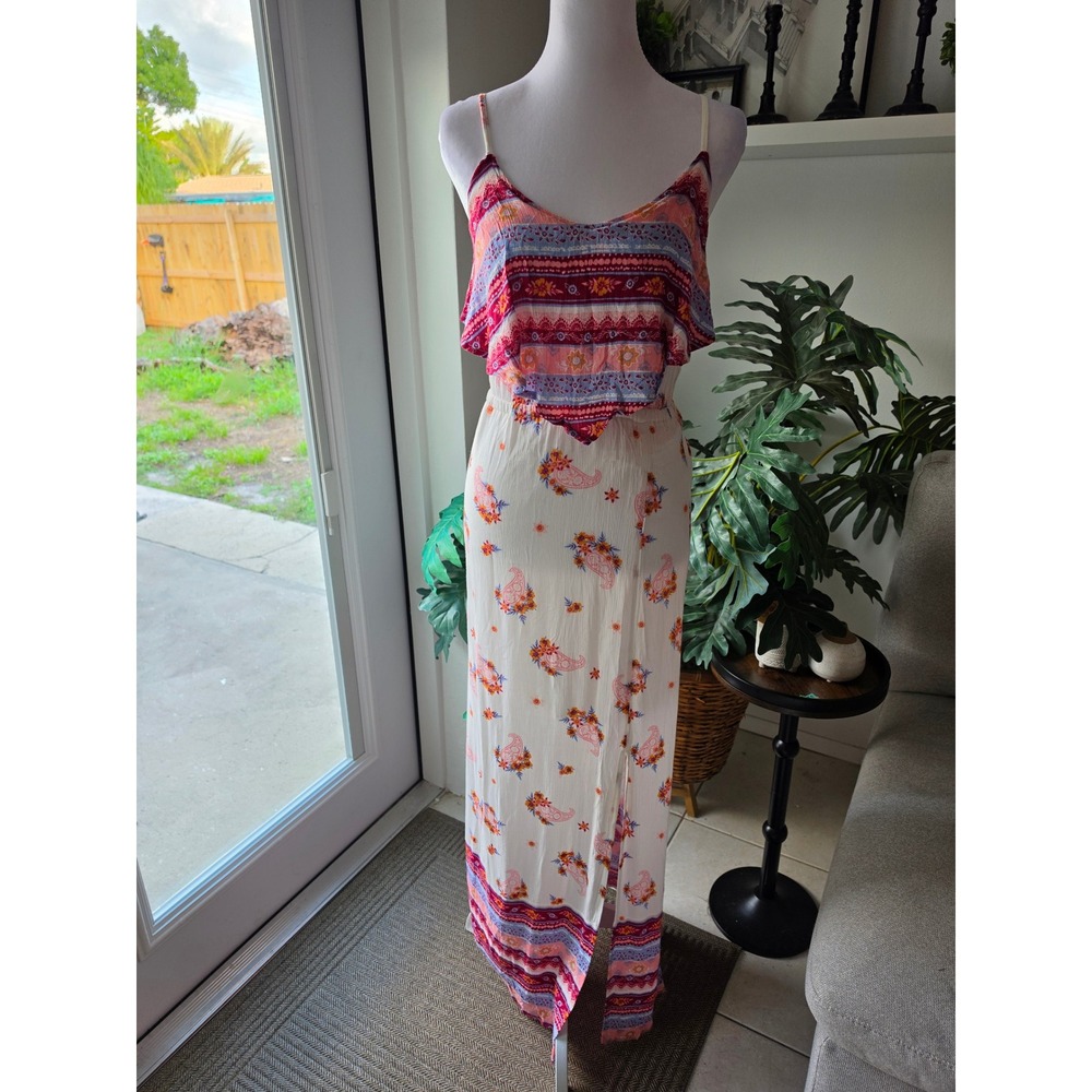 Mudd Womens XS White Paisley Floral Boho Maxi Dress Ruffle Slit Spaghetti Strap